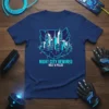 Night City Rewired Volt & Pulse text with a futuristic cityscape graphic on a navy blue t-shirt