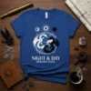 NIGHT & DAY DRAGONS UNITE t-shirt with a yin-yang style design of white and black dragons under celestial elements