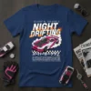 Night Drifting t-shirt design with a pink and white sports car, flames, smoke, and Japanese text