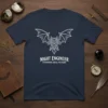 Night Engineer Steampunk Aerial Mechanic T-Shirt with a white line art design of a bat with gears and mechanical wings