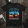Night Escape The City Never Sleeps t-shirt design featuring a retro car, city skyline, and a silhouetted figure