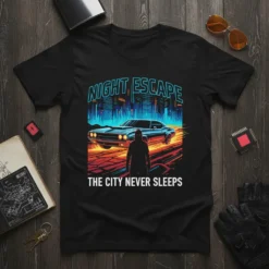 Night Escape The City Never Sleeps t-shirt design featuring a retro car, city skyline, and a silhouetted figure