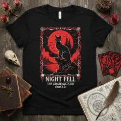 Gothic black cat sitting on a rock with moon and castle in background, text "Night Fell The Shadows Stir 1300