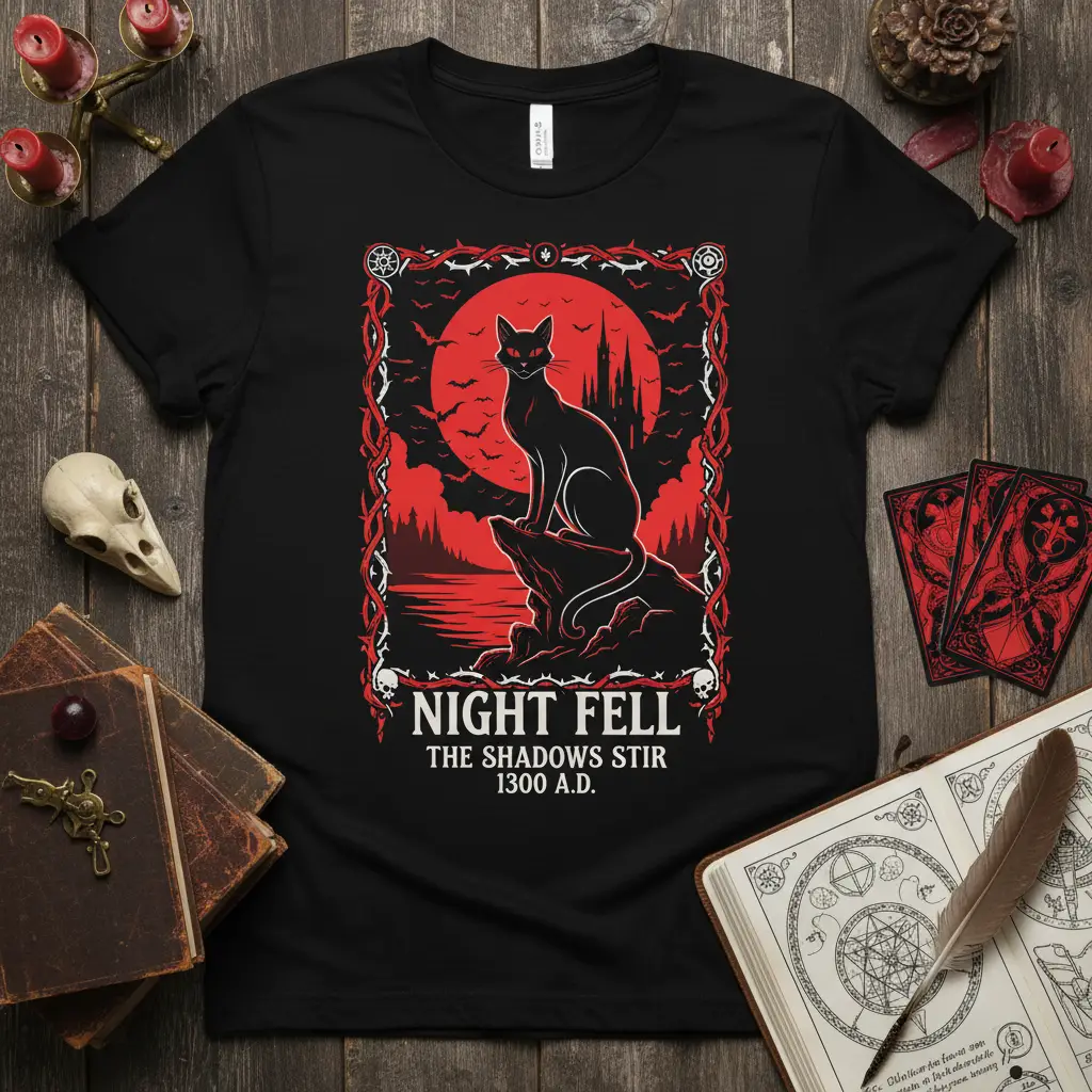 Night Fell the Shadows Stir 1300 A.d. Gothic Cat Tee