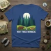 Night Forest Wonders t-shirt with bear, raccoon, and fox walking under a moonlit forest sky