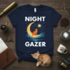 Night Gazer t-shirt with a graphic of an orange cat sitting on a crescent moon under a starry night sky