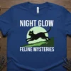 Night Glow Feline Mysteries t-shirt design with a black cat jumping in front of a moon and text