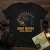Black T-shirt with "NIGHT HUNTER ALPHA PREDATOR" text and a fierce black panther graphic with glowing yellow eyes