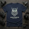 Navy blue t-shirt with white geometric owl graphic and text "NIGHT HUNTER URBAN SCOUT"