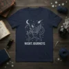 Night Journeys t-shirt design showing a grim reaper on a winged cat with moon and stars