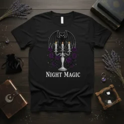 Black t-shirt with "NIGHT MAGIC" text, a bat-winged black cat, candelabra, and purple roses
