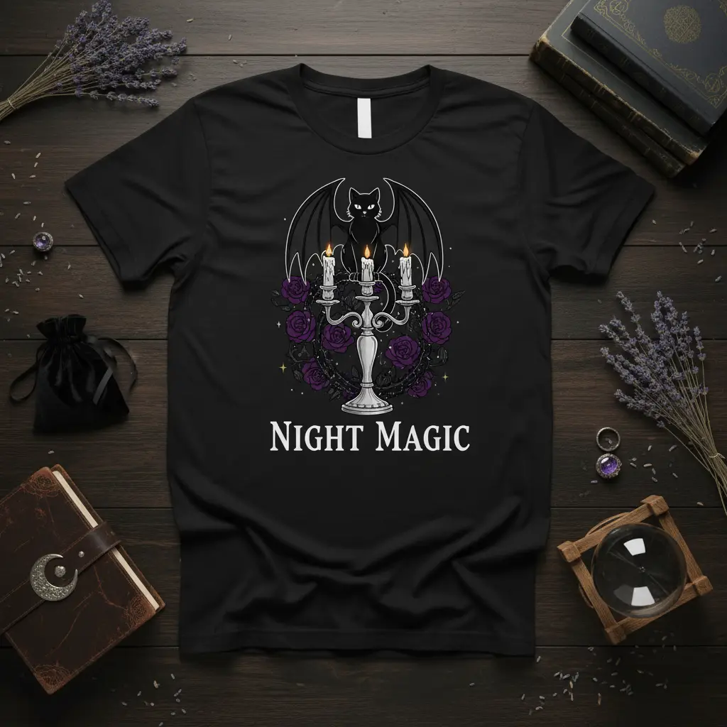 Night Magic Gothic Bat Cat T-Shirt for Witches and Mystics