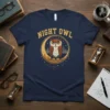 NIGHT OWL t-shirt design featuring a stylized owl sitting on a crescent moon with city skyline and stars