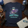 Graphic t-shirt with text "NIGHT OWLS AND NEBULAS UNITE" featuring a purple owl wearing sunglasses and sitting on a nebula
