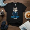 Black t-shirt with "NIGHT SHIFT CREW" text and a cartoon wolf wearing a suit