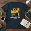 Night Shift Owl Est. 2023 T-Shirt design featuring a stylish owl wearing sunglasses and a scarf, with bold white text