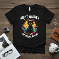 NIGHT WALKER CELESTIAL FELINE text on a black t-shirt with a black cat graphic, moon, and colorful abstract shapes
