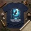 Night Wisdom Celestial Guardian T-Shirt with an owl on a branch under a moonlit celestial background