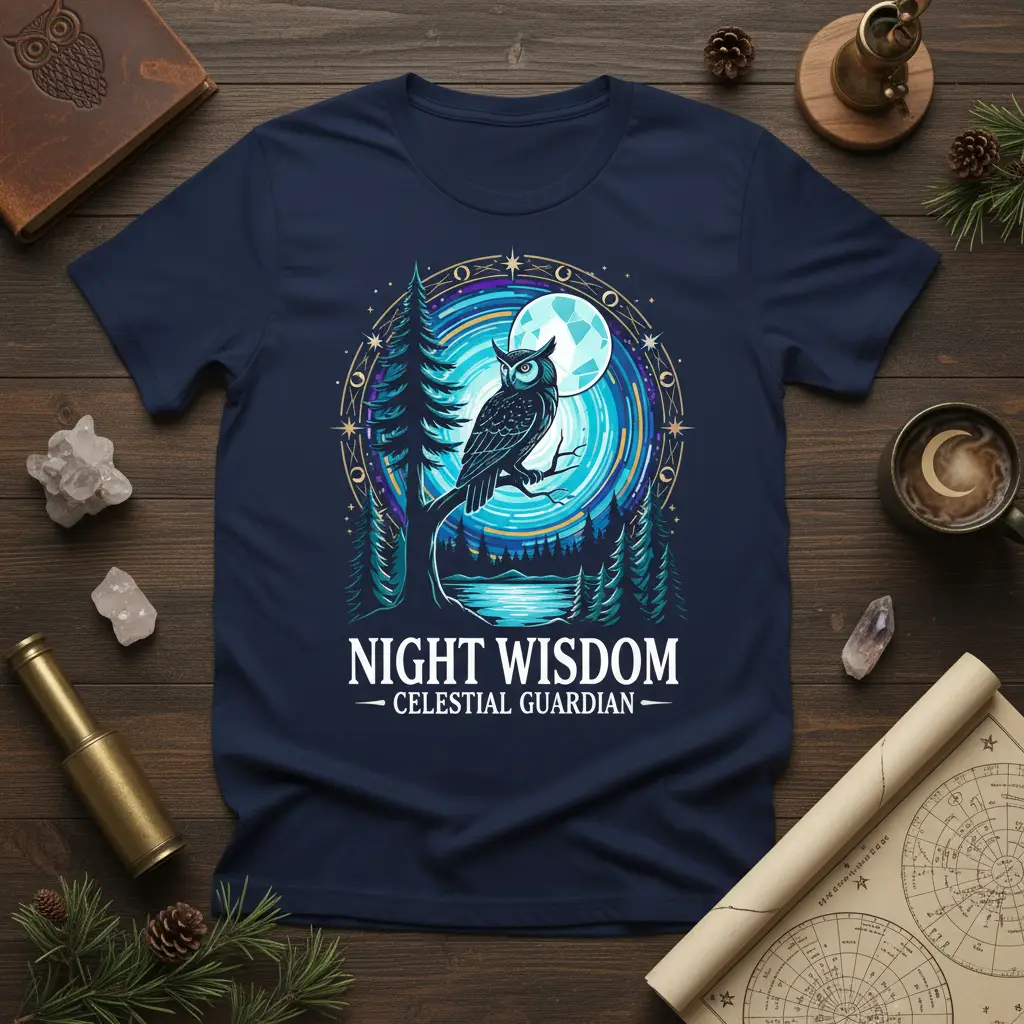 Night Wisdom Celestial Guardian text with a detailed owl graphic under a moonlit, starry sky design