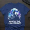 Night of the Lunar Felines t-shirt design featuring silhouettes of cats on a mountain under a full moon with starry