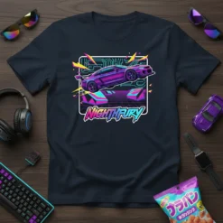 Nightfury cyberpunk racing car t-shirt design with neon accents and circuit board graphics