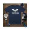 Navy blue t-shirt with white Nighthawks lacrosse logo featuring an eagle and crossed sticks, designed for team apparel