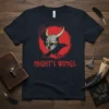 Night's Wings text with a Viking helmet and raven graphic on a black t-shirt, red circular background