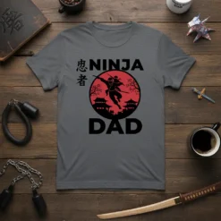 Ninja Dad T-Shirt with Japanese text and a graphic of a ninja in a red circle