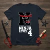 Ninja Level 4 birthday t-shirt design featuring a stylized 'N' with ninja eyes and a red headband, and the text