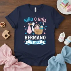 Niño o Niña Hermano Te Ama t-shirt featuring a stork with a baby basket and the text "Niño o Niña