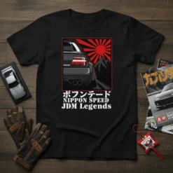 Black t-shirt featuring "NIPPON SPEED JDM Legends" text with a graphic of a rear car view and rising sun