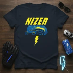 Nizer text above a blue sports car driving through a tunnel with a yellow lightning bolt graphic