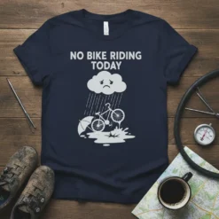 No Bike Riding Today t-shirt design with a sad cloud raining on a bicycle under an umbrella