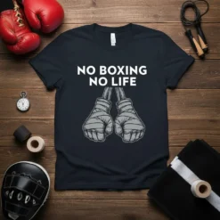 Black t-shirt with white text "NO BOXING NO LIFE" above crossed boxing gloves graphic, boxing theme