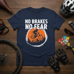 No Brakes No Fear quote with a mountain biker silhouette against an orange sun and pine trees