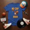 No Cap Bruh text and squirrel playing basketball graphic on a blue t-shirt