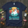 Polar bear in a Santa hat and sunglasses on an inflatable tube, text "No Cookies Just Cocktails" above, tropical sunset