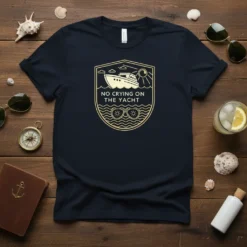 No Crying On The Yacht text on a navy t-shirt with a boat graphic, waves, and sunglasses