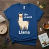 No Drama Llama t-shirt design with a cute llama wearing headphones and holding a rake