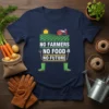 Navy t-shirt with "No Farmers No Food No Future" text, farm graphic, sun, barn, fields, boots, pitchfork, and shovel