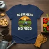 No Farmers No Food t-shirt design featuring a farm landscape with a tractor at sunset and bold text