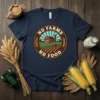 No Farms No Food quote t-shirt with farm graphic, tractor, barn, and wheat stalks