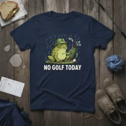 No Golf Today text with a grumpy frog wearing a bucket hat and holding golf clubs, dark heather t-shirt design