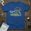 Funny "No golf today." t-shirt design featuring a rainy golf course scene with a golf club and umbrella