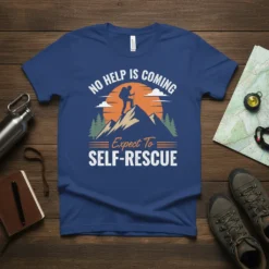 No Help Is Coming Expect To Self-Rescue t-shirt featuring a hiker on a mountain peak at sunset and forest graphics