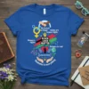 Blue t-shirt with text "No human is illegal rights are human rights," "Women's rights," "BLACK LIVES MATTER," "Science is real,"