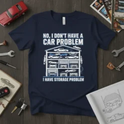 Navy t-shirt with "NO, I DON'T HAVE A CAR PROBLEM I HAVE STORAGE PROBLEM" text and graphic of a multi-level