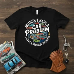 T-shirt with "NO, I DON'T HAVE A CAR PROBLEM I HAVE A STORAGE PROBLEM" text and a graphic of a