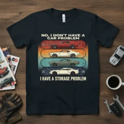 T-shirt with "NO, I DON'T HAVE A CAR PROBLEM I HAVE A STORAGE PROBLEM" text and illustrations of four classic