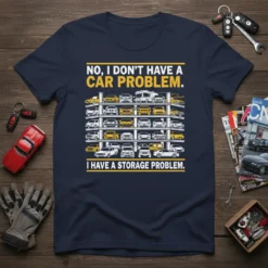 T-shirt design with text "NO, I DON'T HAVE A CAR PROBLEM. I HAVE A STORAGE PROBLEM." and illustration of a